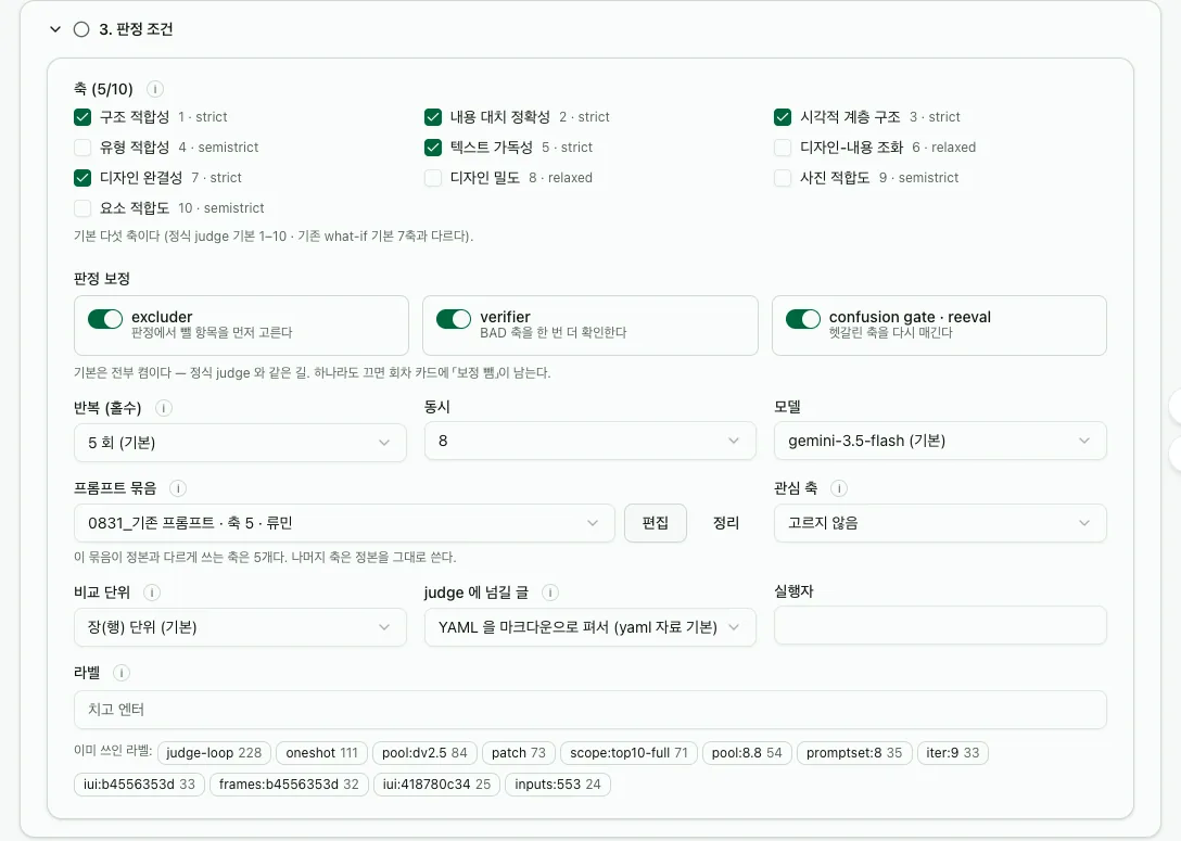 3. 판정 조건 — 축 다섯 · 보정 셋 · 반복 · 모델 · 프롬프트 묶음